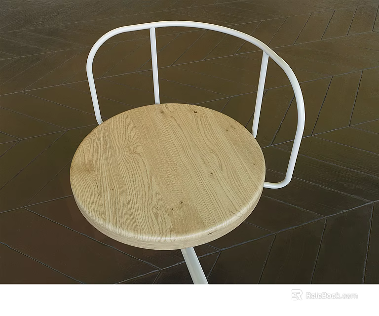 Leisure Chair Featuring White Metal Frame And Round Natural Wood Seat 3d model